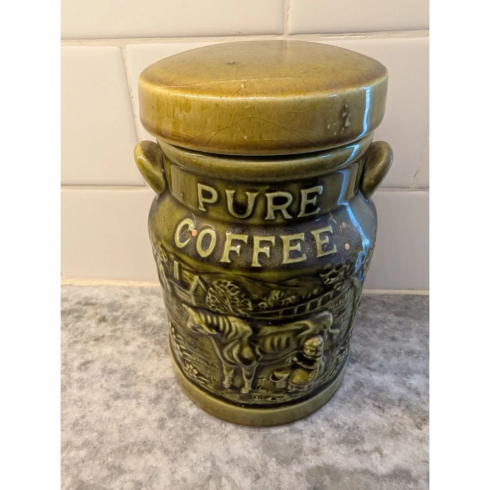 VINTAGE CERAMIC GREEN COFFEE CANISTER W/ LID